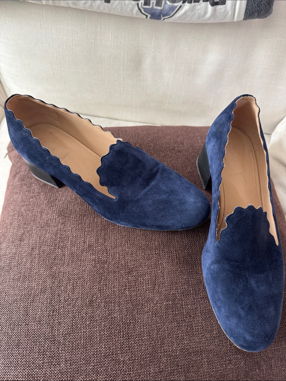 Chloe Navy Suede Scalloped Low Heel Loafers